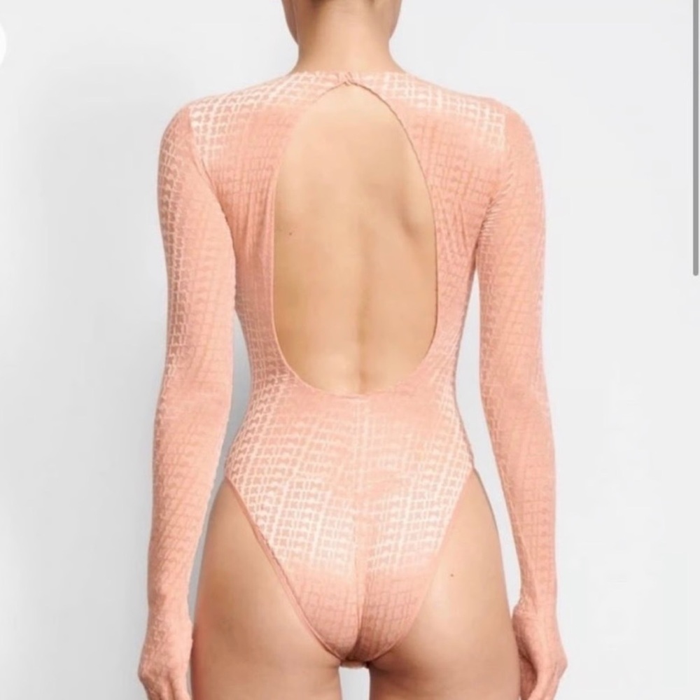 SKIMS logo flocked Velvet Mesh Bodysuit with gloves nwt mesh sheer Kim kardasian - Picture 2 of 8